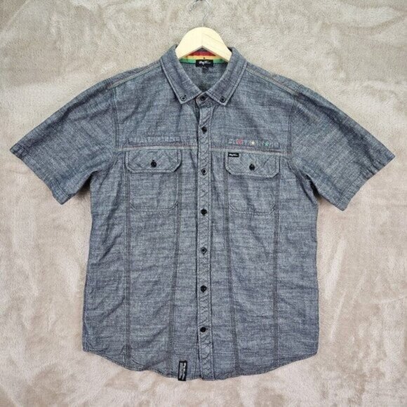 LRG Lifted Research Group Shirt Gray 100% Cotton Short Sleeve Button Mens Size L - Picture 1 of 10